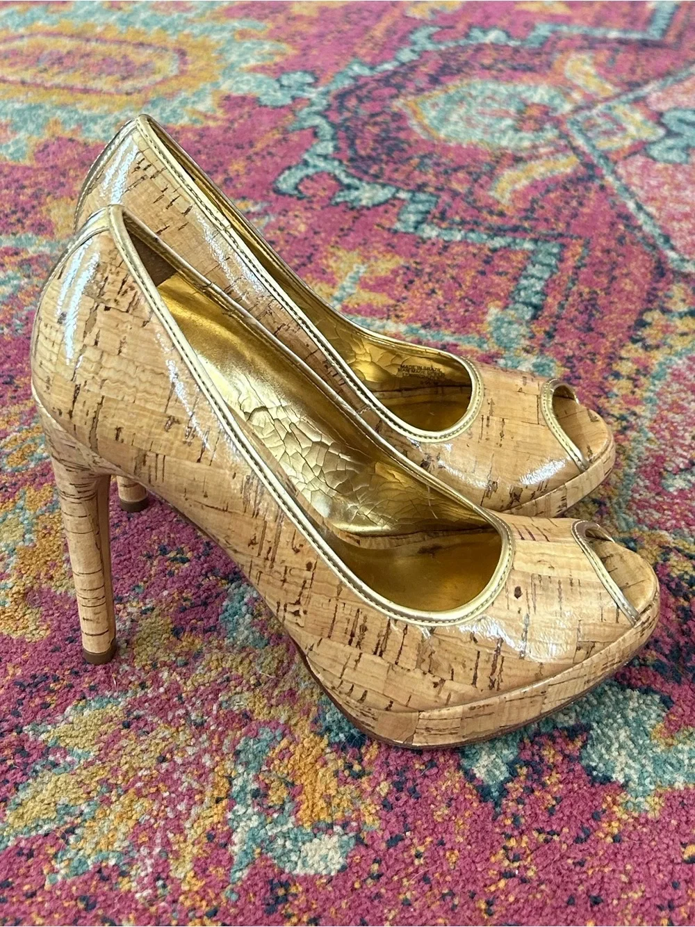 Michael Kors | Women’s Tan Cork Peep-Toe Pumps in Natural W/Gold Lining Size 8.5